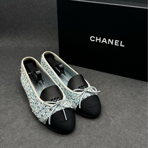 【全網最低價✨全網最低價❤️‍🔥】Chanel/香奈兒 芭蕾舞鞋 平底鞋 蝴蝶結鞋 藍黑色 經典毛呢紋 36碼