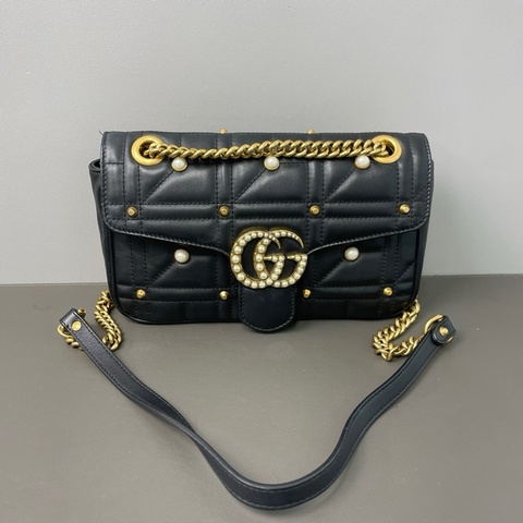 Gucci/古馳 021黑標 GG Marmont 黑金珍珠鏈條斜背包