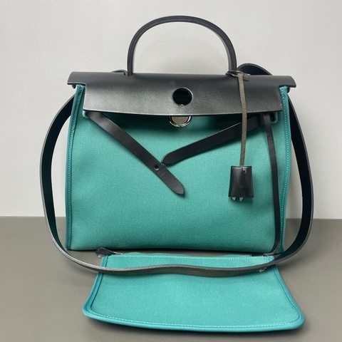 Hermes/愛馬仕 A刻 綠色帆布拼黑色herbag31