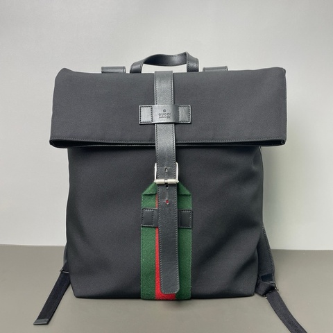 Gucci/古馳 015黑標 黑色帆布後背包 經典紅綠織帶後背包