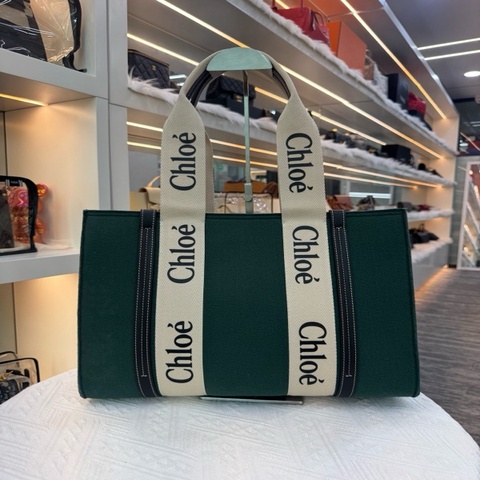 閒置未使用蔻依Chloe 白拼綠Woody中號tote托特包 復古森林綠巨顯白 尺寸37x11x31cm