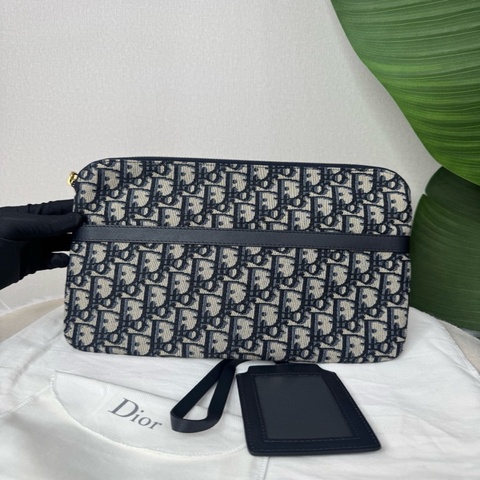 99新 迪奧 Dior Oblique 藍色老花刺繡手拿包 洗漱包 尺寸28x21cm