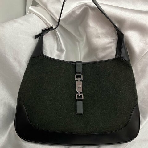 古馳 Gucci Jackie Bag 1961 大號腋下包 綠黑拼色 絨布拼牛皮 黑銀五金