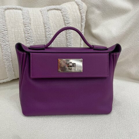 愛馬仕 Hermès Mini 2424 P9海葵紫 Evercolor拼Swift皮 銀扣 閒置新 Z刻