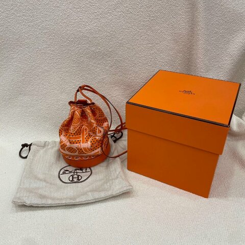 愛馬仕 Hermès 絲綢小水桶 橙色 真絲拼Epsom皮 銀扣 閒置新 T刻