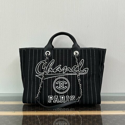 CHANEL 23P黑白條紋帆布子母 手提肩背沙灘包 38*30*21 99新配件塵袋