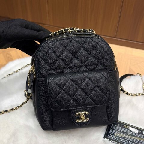 香奈兒Chanel 黑金荔枝牛皮鏈條雙肩包