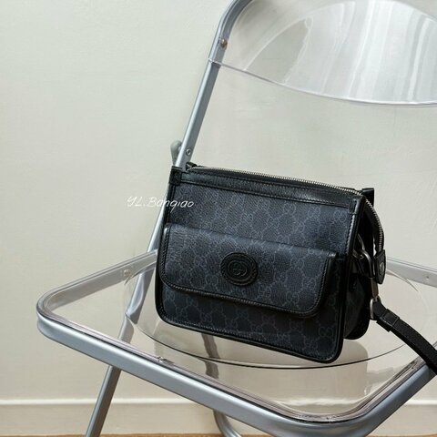 Y2045-GUCCI GG Supreme黑灰色手拿斜背包674164