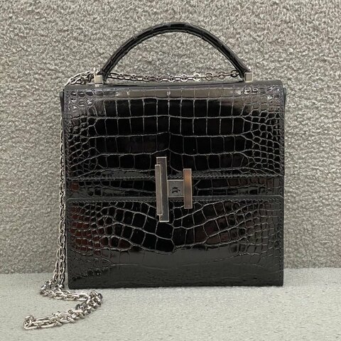 愛馬仕 Hermès Cinhetic 盒子包 黑色 方塊鱷魚皮 銀扣 D刻