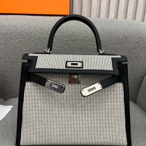 愛馬仕 Hermès Kelly 28 Quadrille 熊貓 黑白棋盤格 Swift拼帆布 銀扣 全新 U刻