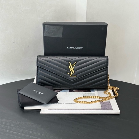 YSL/聖羅蘭 KATE中號黑金黑色V形粒面牛皮金扣金鍊單肩斜挎包