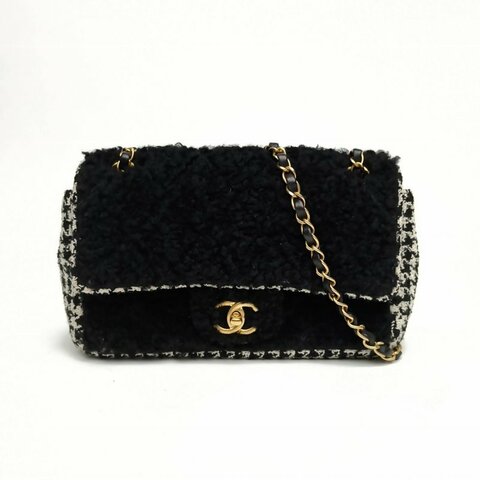 Chanel香奈兒 拼色毛呢30開銀扣CF千鳥格中號口蓋包肩背包