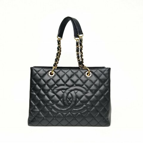 Chanel香奈兒 GST購物袋小號黑色荔枝牛皮16開金扣肩背包
