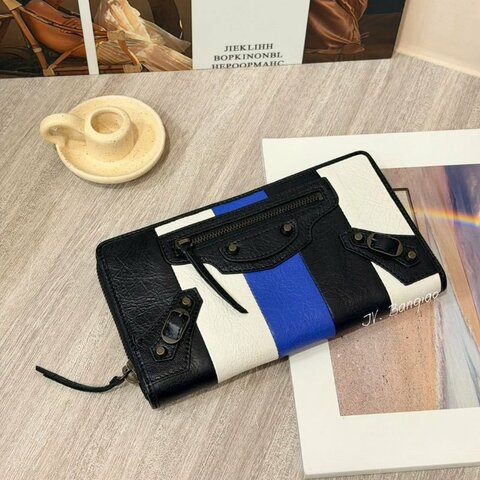 JS0116-balenciaga黑拼白藍牛皮機車拉鍊長夾