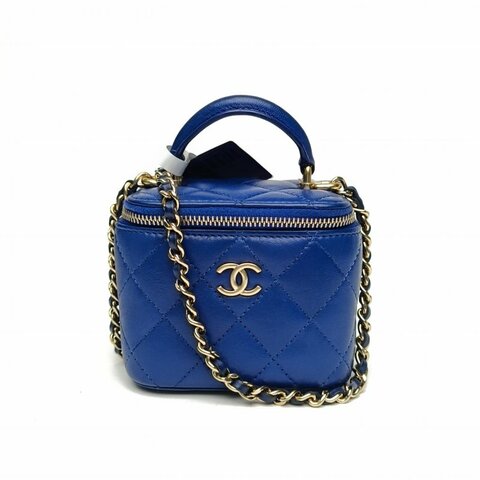 Chanel香奈兒 21A手提方盒子化妝包藍色羊皮革31開淺金扣肩背包