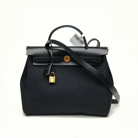 Hermes愛馬仕 Herbag31黑色帆布/牛皮Z刻金扣肩背包