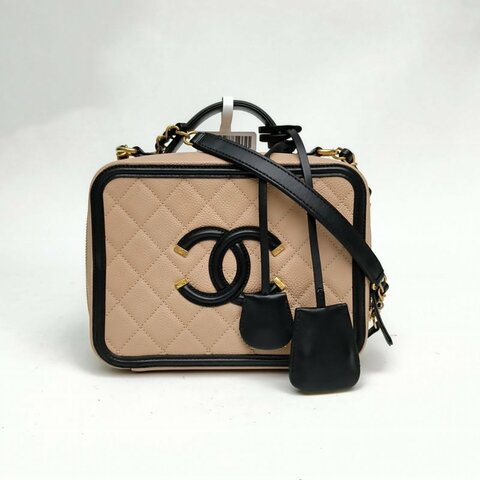 Chanel香奈兒 VanityCase相機包橫版中號拼色荔枝牛皮金扣肩背包