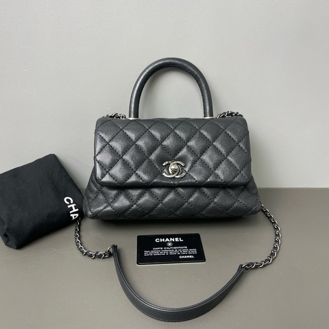 Chanel/香奈兒 coco handle 黑銀荔枝皮 包