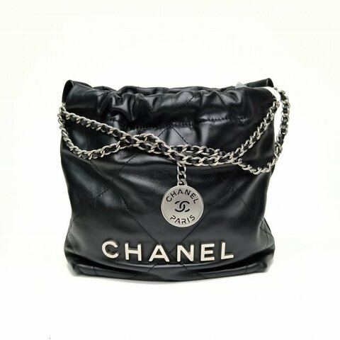 Chanel香奈兒 22BagTote托特包Mini黑色牛皮革晶片銀扣肩背包