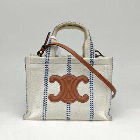 CELINE 拼色帆布CabasThais條紋托特Tote附肩帶肩背包