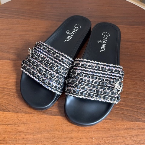 Chanel 香奈兒 黑色 皮穿鏈 拖鞋 38碼