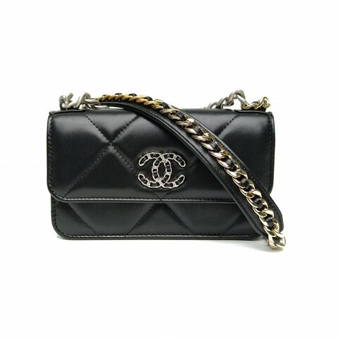 Chanel香奈兒 19BAG吸扣woc黑色羊皮革金銀扣肩背包