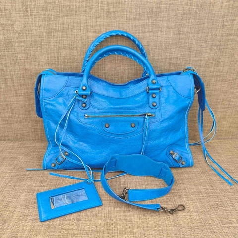 BALENCIAGA巴黎世家藍色中號機車手提單肩包