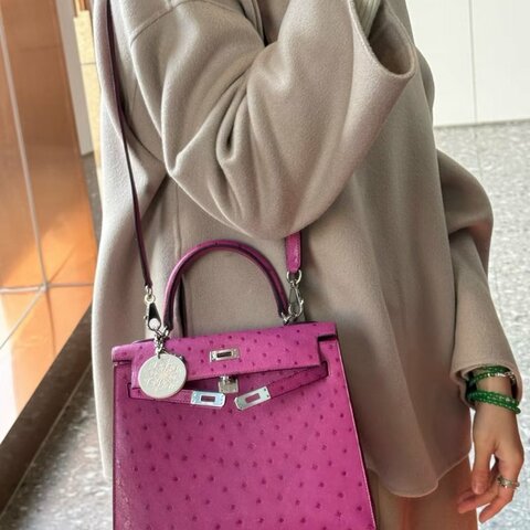 HERMES 懸鈴花紫銀扣鴕鳥皮KeIIy25手提肩背斜背包 25*18.5*10 99新配件大小塵袋鑰匙鎖