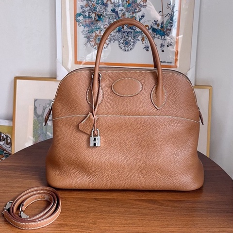 Hermes 愛馬仕 bolide35 金棕銀扣 TC皮 o刻 塵袋肩帶鎖鑰匙