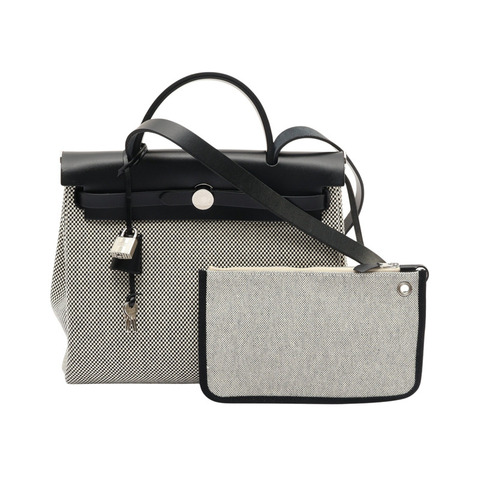 HERMES 愛馬仕 Herbag Zip 31 兩用包 黑/灰色 Vache Hunter 牛皮 帆布 B刻 金扣 H079092CK