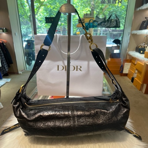 迪奧/Dior 中號 D-Journey 手袋   黑色褶皺牛皮革扁平超大藤格紋