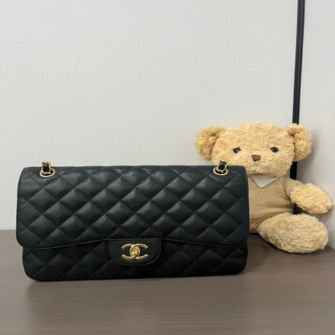 Chanel香奈兒 CF Jumbo 黑金牛皮荔枝紋斜挎包
