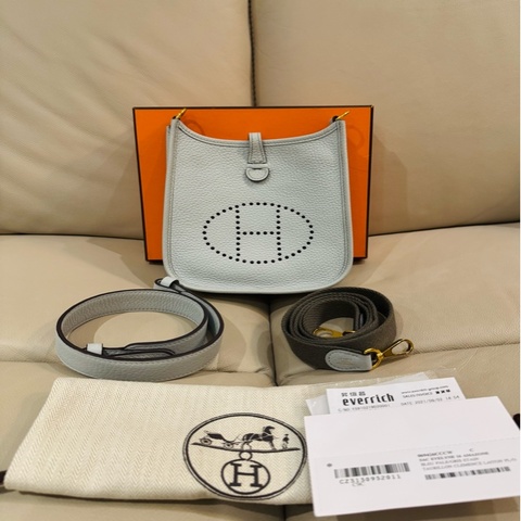 Hermes 愛馬仕mini evelyne/依芙琳/斜背包/聖杯藍金釦/98新美品