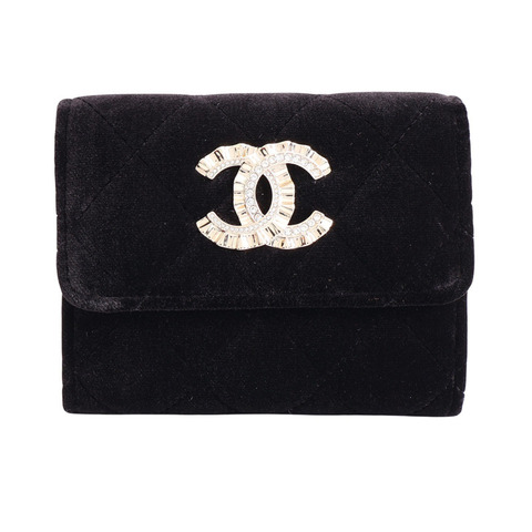 CHANEL 香奈兒 零錢包 黑色 菱格紋 絲絨 金扣 VIP禮
