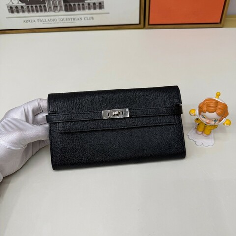 Hermes 黑銀Kelly Long長夾 Epsom皮框R