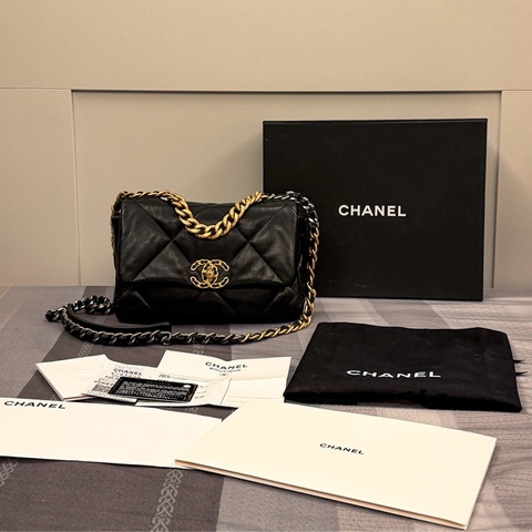 超級大全配 購證 保卡 發票 收據 盒子 防塵袋 完整 chanel  黑金  19bag  小號