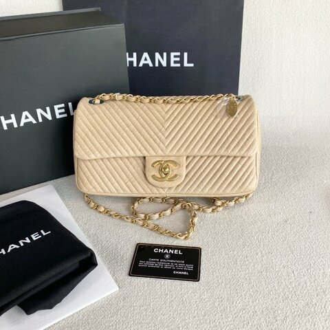 Chanel 季節款V紋CF鏈條包 奶茶色金扣 牛皮 26*13*6 99新配件盒子 塵袋 保卡
