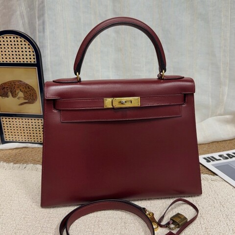 Hermes Kelly28 RougeH愛馬仕紅box皮外縫金扣 圈G刻