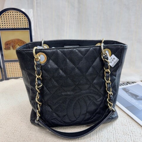 Chanel pst黑色金扣荔枝皮購物袋