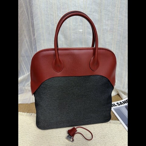 Hermes bolide relax40酒紅拼黑色配色 牛仔拼box皮