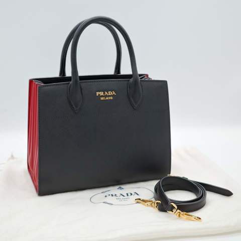 Prada 黑紅雙色 防刮牛皮 手提/斜背兩用包
