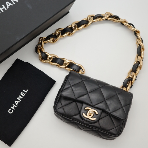 Chanel 香奈兒 黑色 羊皮 金扣 菱格紋 粗鍊條 肩背包 晶片款 原廠盒 防塵袋
