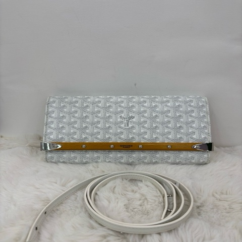 GOYARD MONTE-CARLO 白色老花滿印按扣開合 帆布拼小牛皮 木條單肩斜挎包