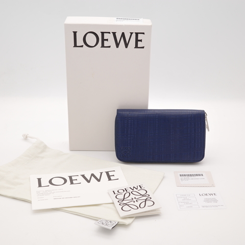 Loewe 羅威 藍色 牛皮 壓印 拉鍊 中短夾