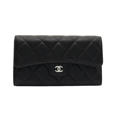 CHANEL 香奈兒 Classic 扣式 三折長夾 黑色 菱格紋羊皮 銀釦 A31506