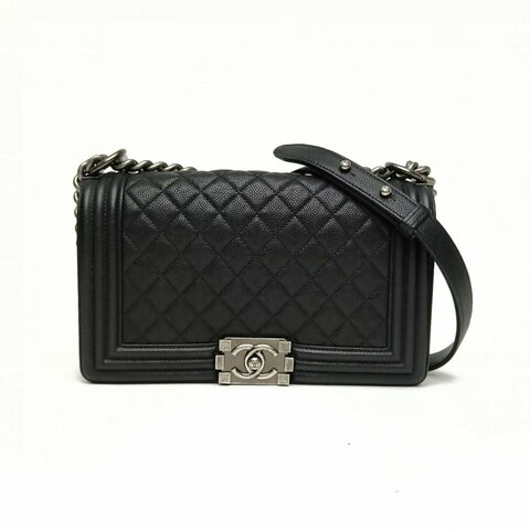 Chanel香奈兒 Leboy中號黑色荔枝牛皮革23開銀扣肩背包