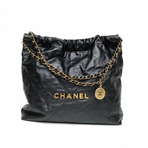 Chanel香奈兒 22BagTote托特包中號黑色牛皮革晶片金扣肩背包