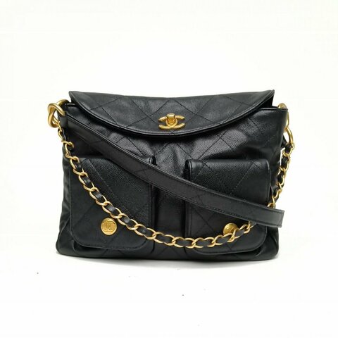 Chanel香奈兒 Suppletwins24P嬉皮Hobo郵差包黑色荔枝牛皮晶片金扣肩背包