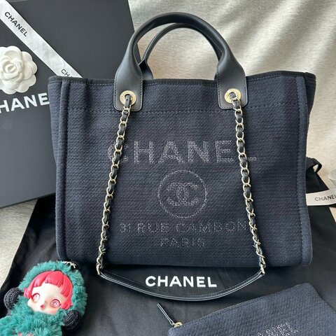 香奈兒 Chanel 25s 沙灘包 中號 黑色 帆布手提包單肩包 芯片款