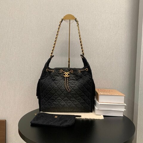 Chanel香奈兒25S 25bag 中號黑金牛仔hobo鏈條單肩包 芯片款